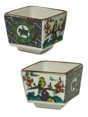 2 Square Kutani Style Japanese Sake Cups